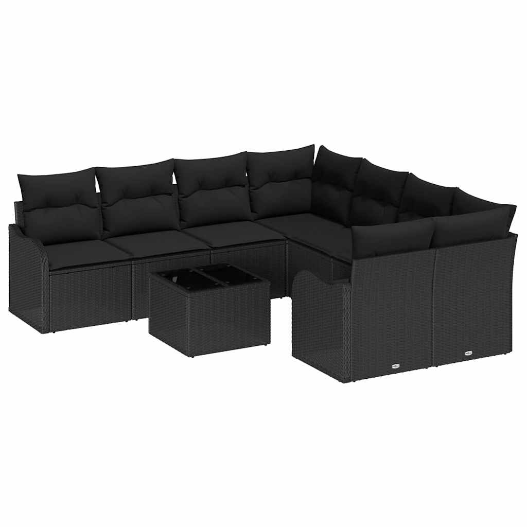 Garden Sofa Set 9 pcs Black Poly Rattan and Steel and Glass