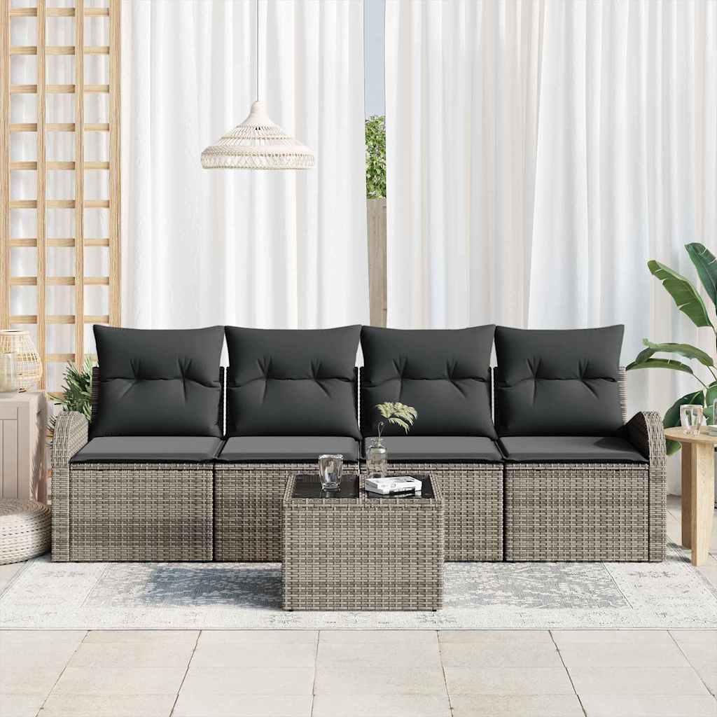 Garden Sofa Set with Storage with Pillow 5 pcs Grey Poly Rattan