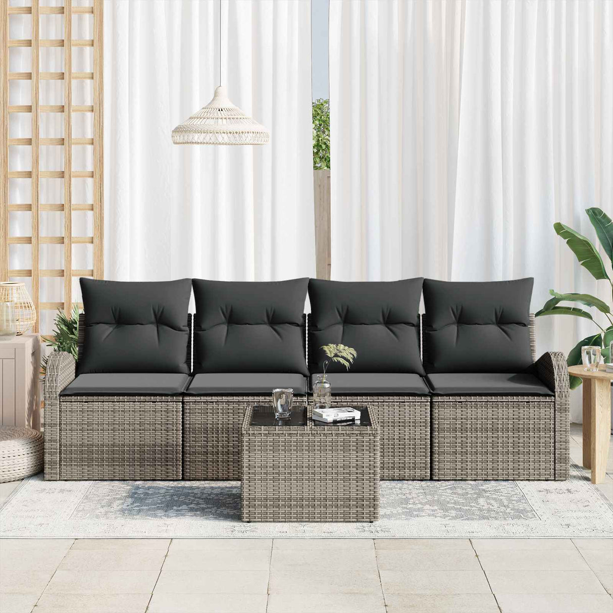 Garden Sofa Set 5 pcs 4-Seater Grey Poly Rattan