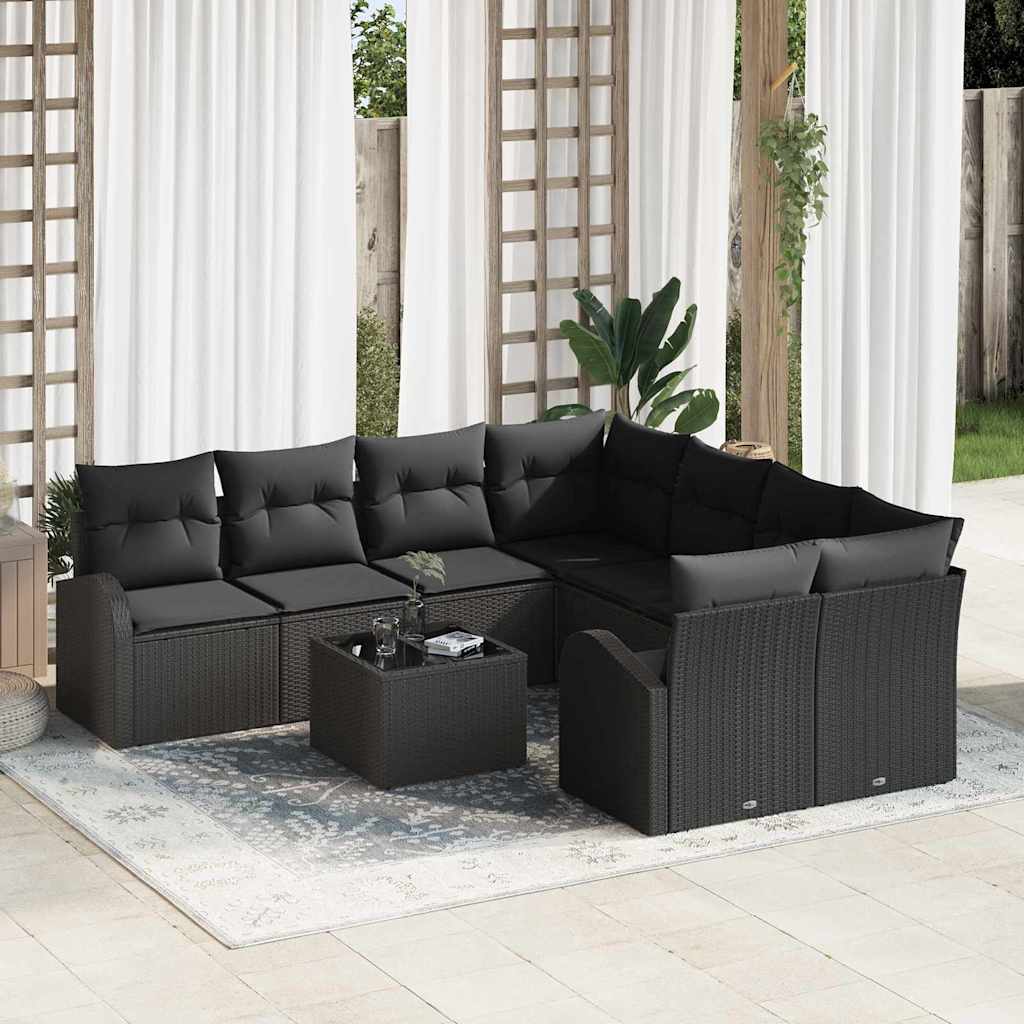 Sofa Set with Cushion with Storage 9 pcs Black Poly Rattan