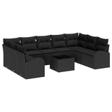 Garden Sofa Set with Cushion 10 pcs Black Poly Rattan - Front View