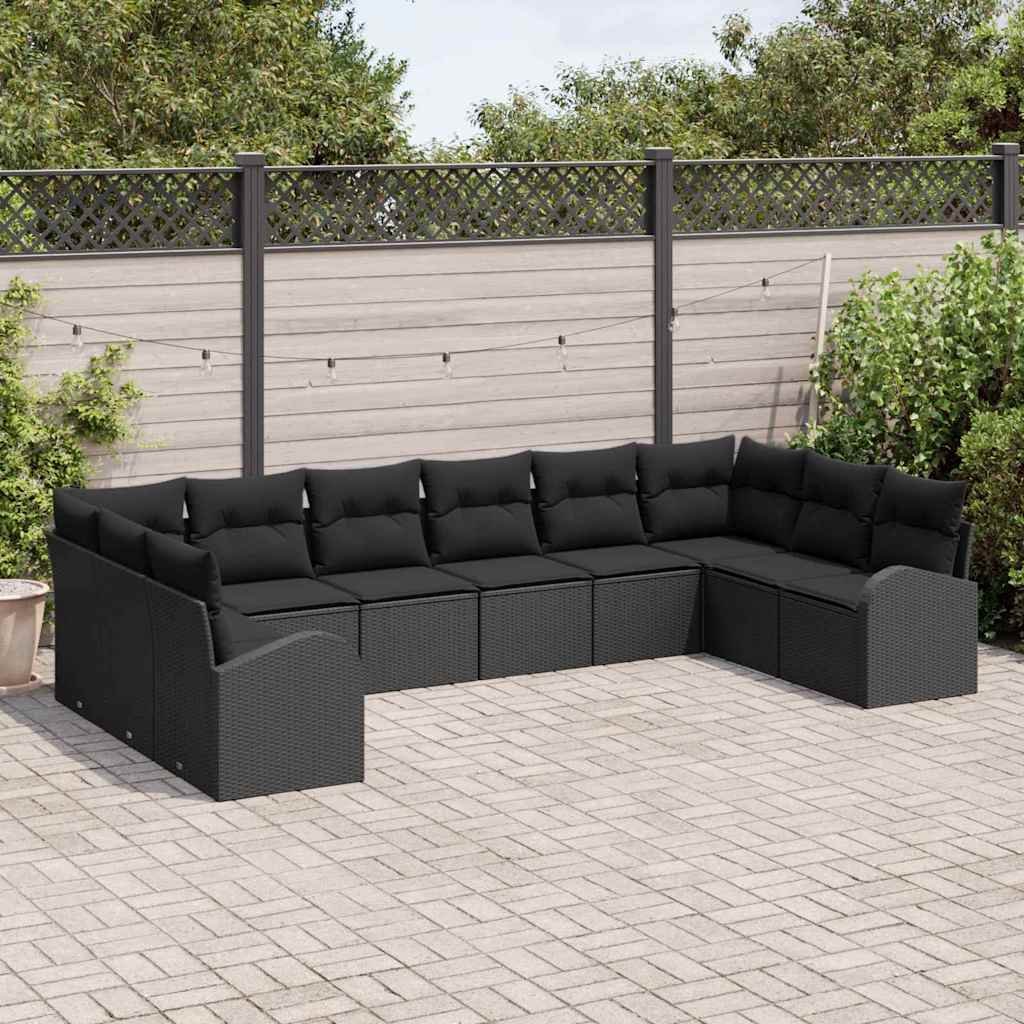 Garden Sofa Set with Cushion 10 pcs Black Poly Rattan