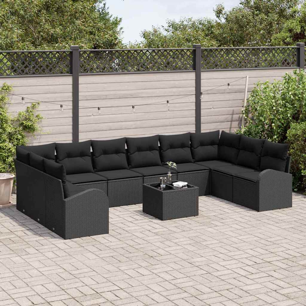 Garden Sofa Set with Cushion 11 pcs Black Poly Rattan