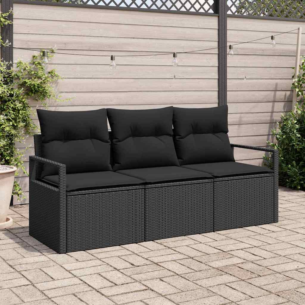 Garden Sofa Set with Cushion 3 pcs Black Poly Rattan