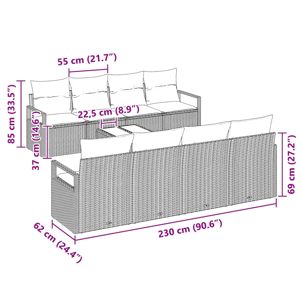 Garden Sofa Set with Cushion 9 pcs Grey Poly Rattan