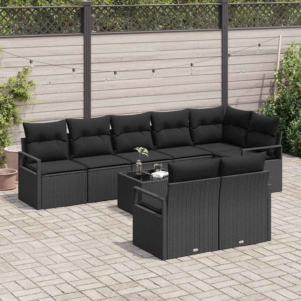 Garden Sofa Set with Cushion 9 pcs Black Poly Rattan
