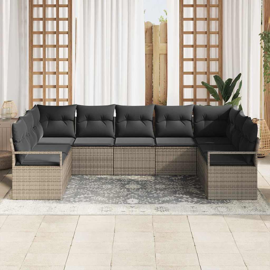 Garden Sofa Set with Cushion 9 pcs Grey Poly Rattan