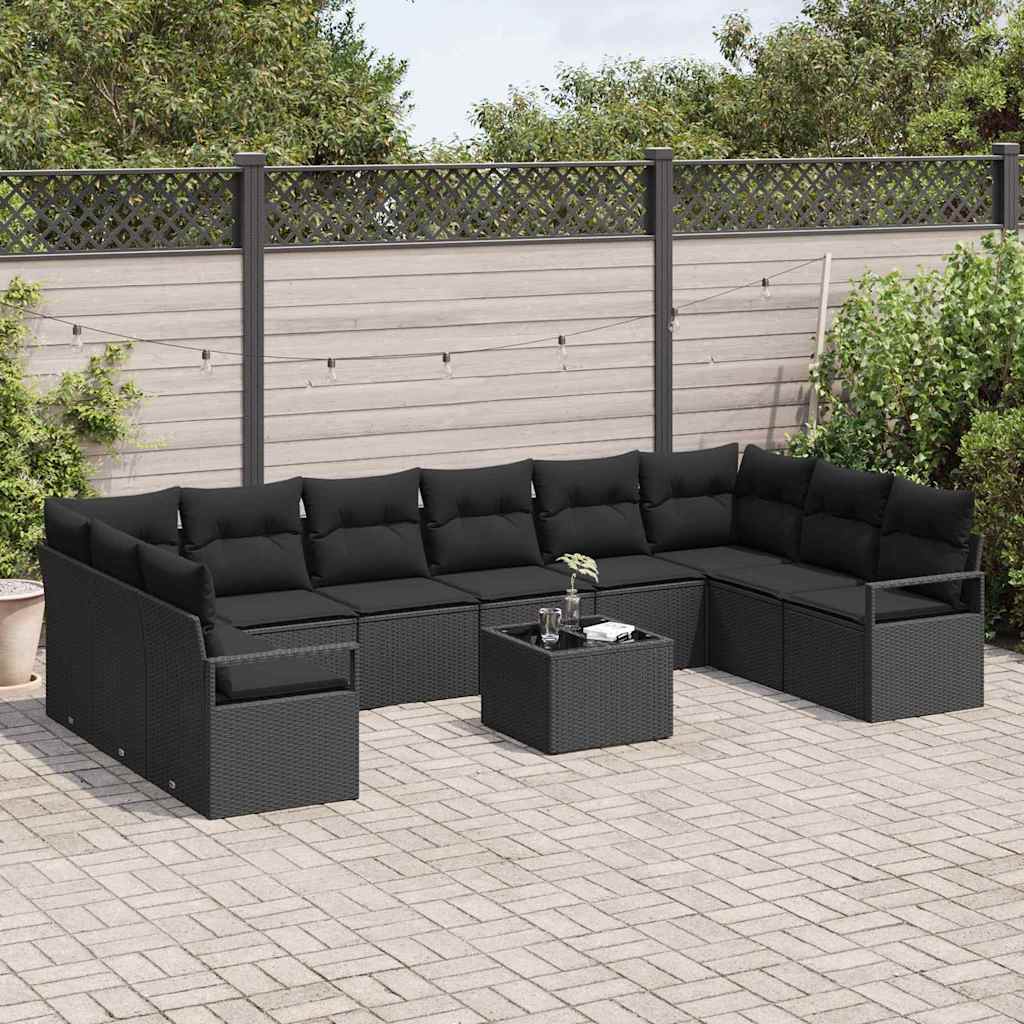 Garden Sofa Set with Cushion 11 pcs Black Poly Rattan