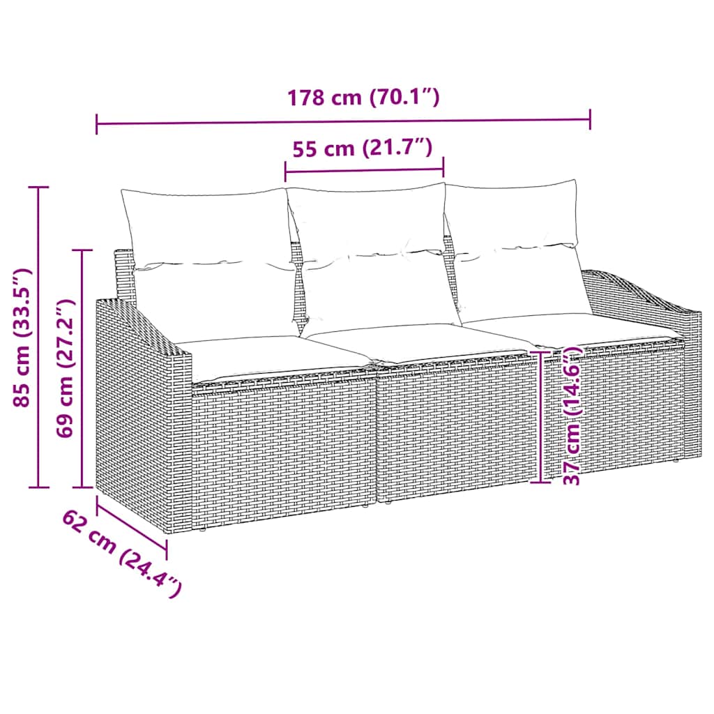 Garden Sofa Set with Cushion 3 pcs Grey Poly Rattan