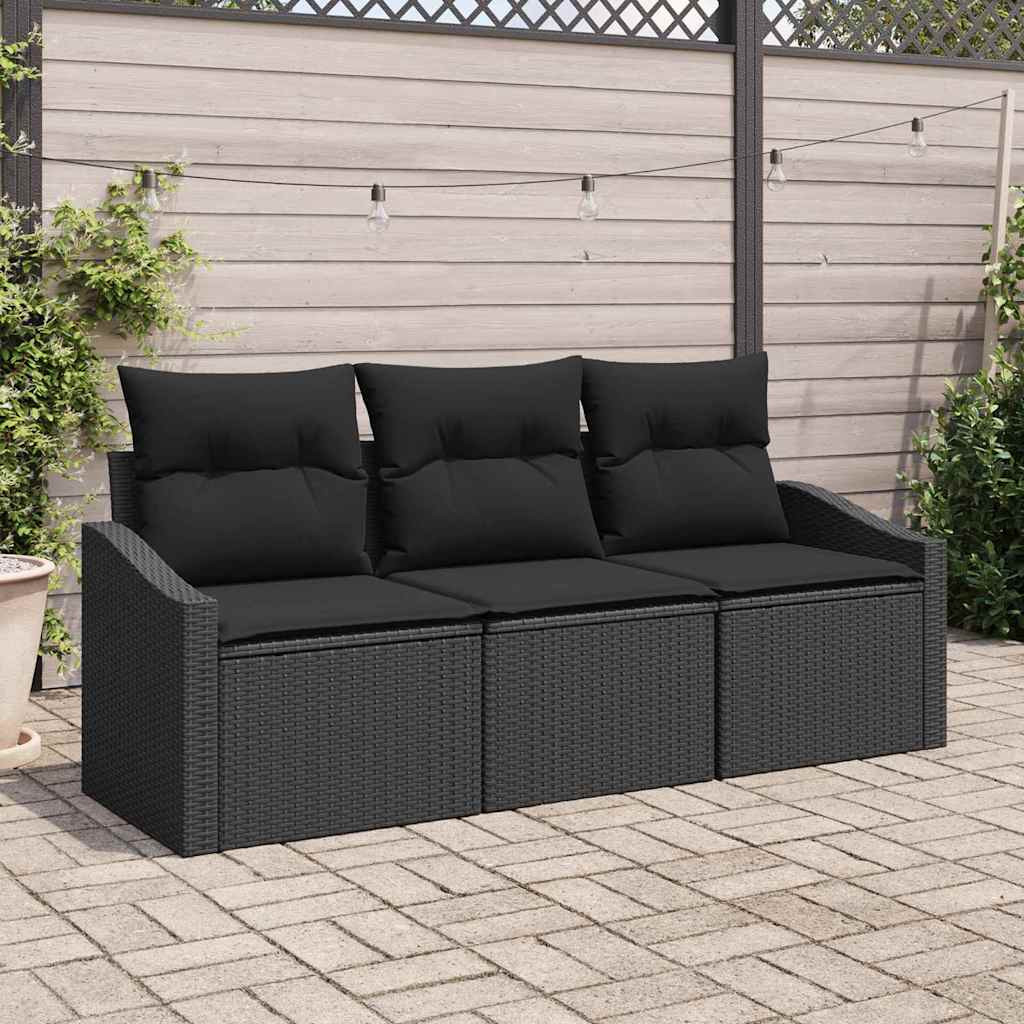 Garden Sofa Set with Cushion 3 pcs Black Poly Rattan
