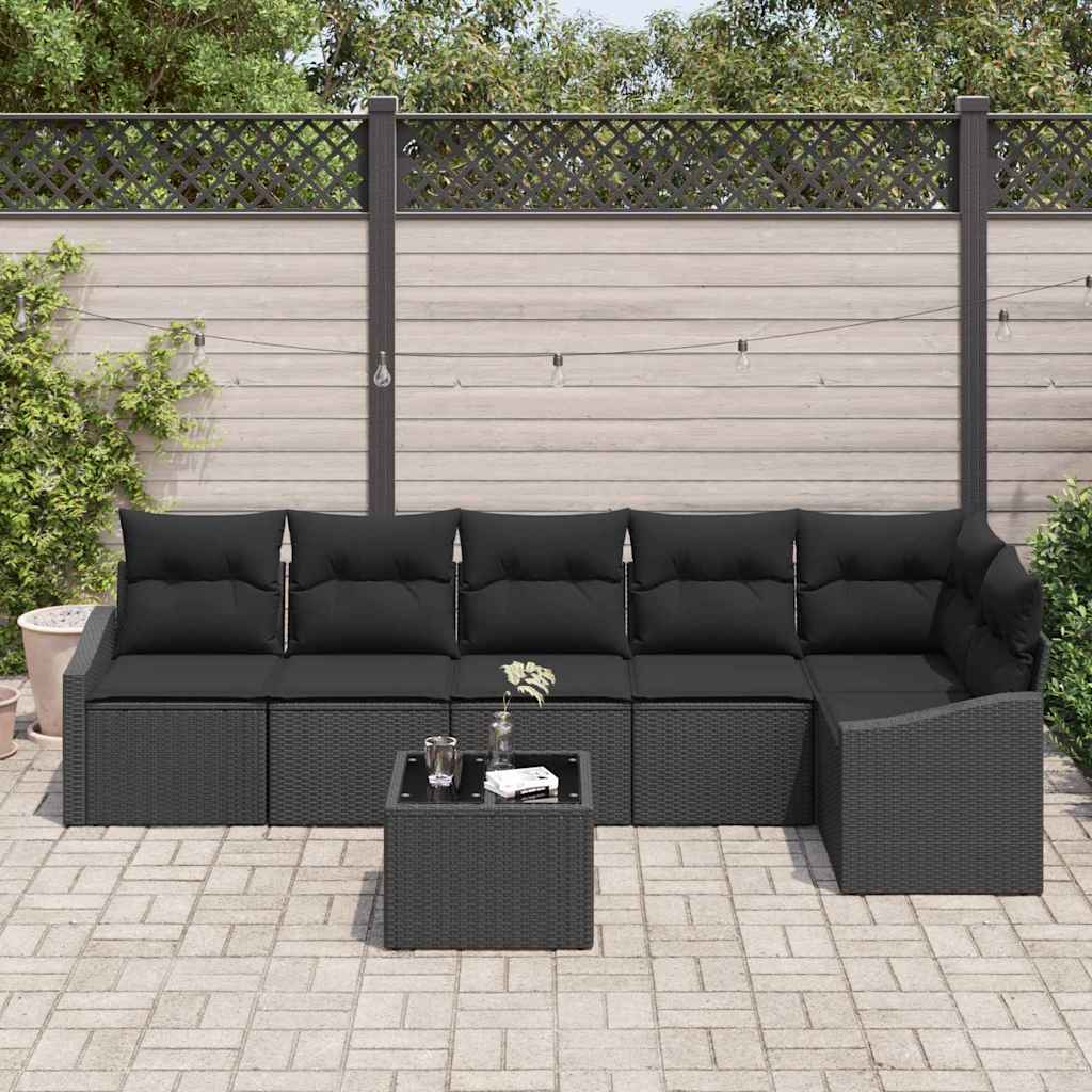Garden Dining Set 7 pcs Black Poly Rattan, Powder-Coated Steel