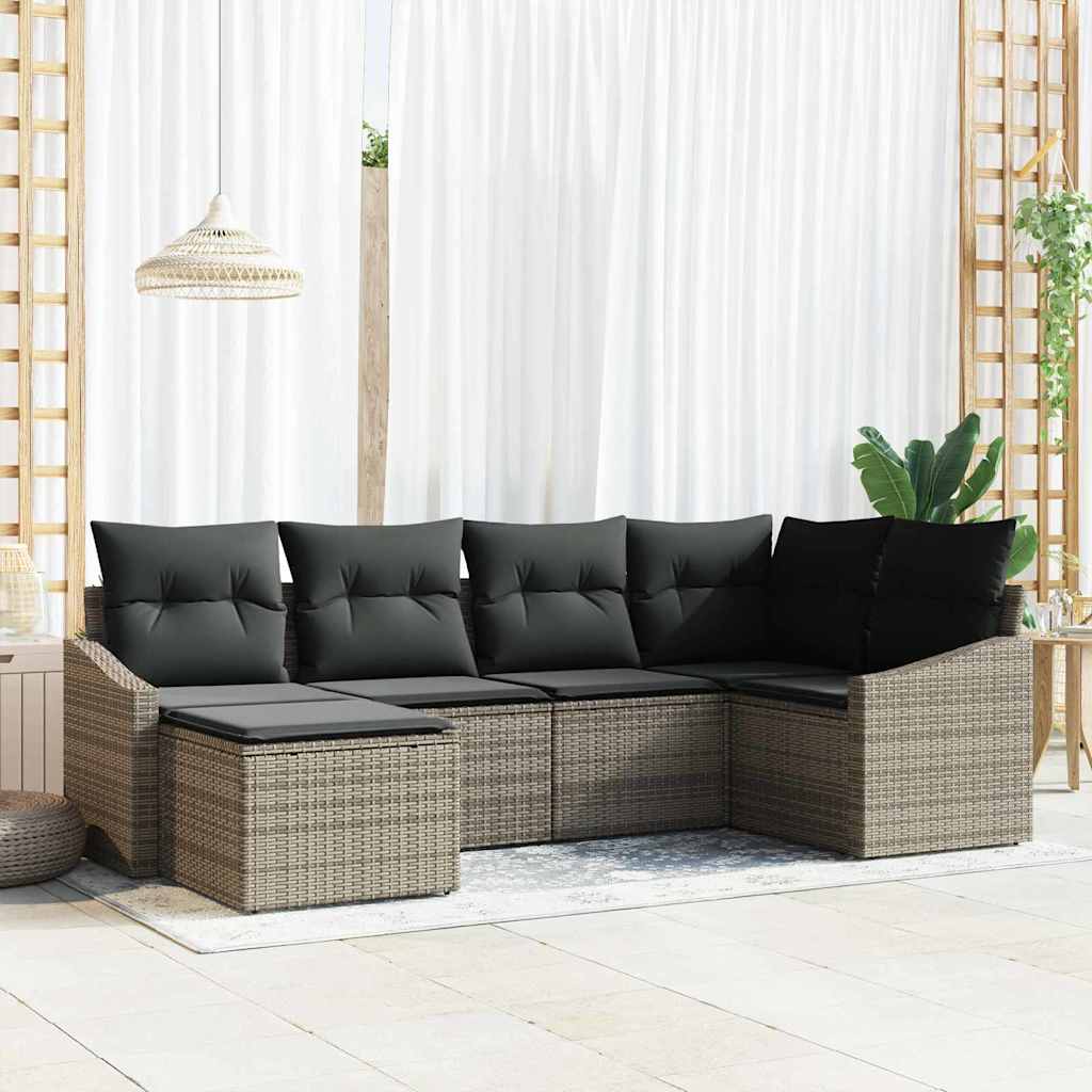 Garden Dining Set 6 pcs Grey Poly Rattan, Powder-Coated Steel