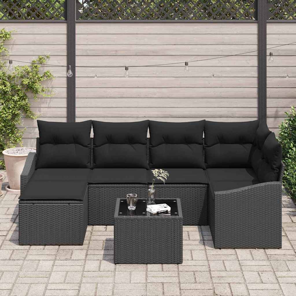 Garden Dining Set 7 pcs Black Poly Rattan, Powder-Coated Steel