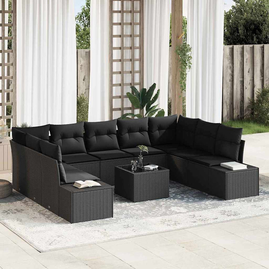 Garden Sofa Set 9 pcs 8-Seater Black Poly Rattan