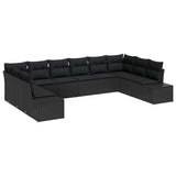 Garden Sofa Set with Cushion 10 pcs Black Poly Rattan - Front View
