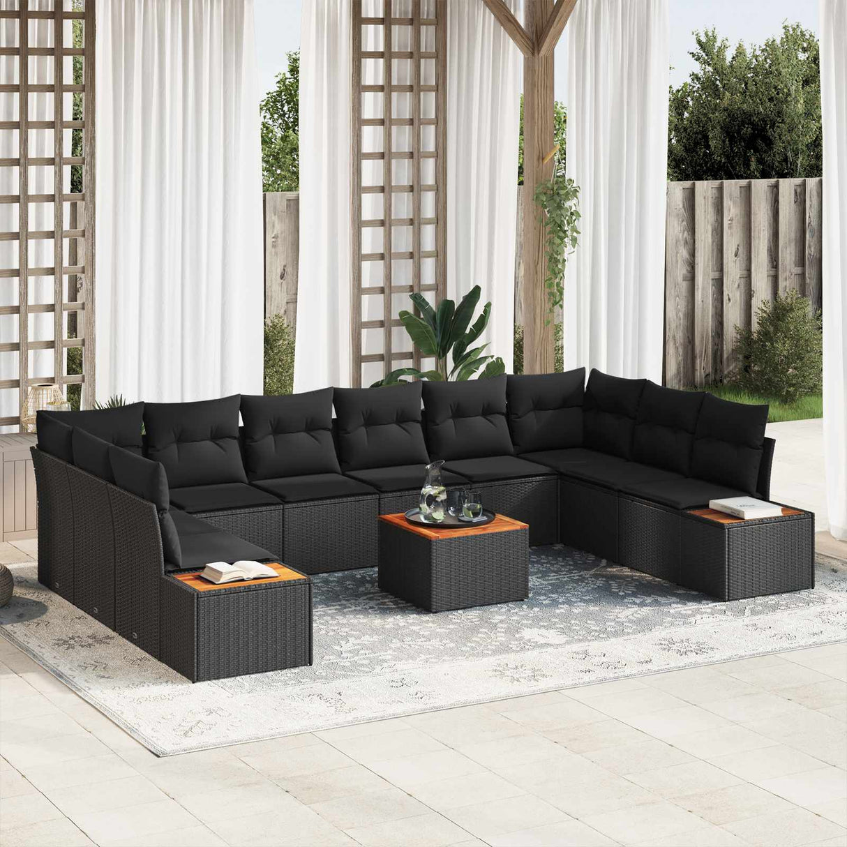 Garden Sofa Set with Cushion 10 pcs Black Poly Rattan
