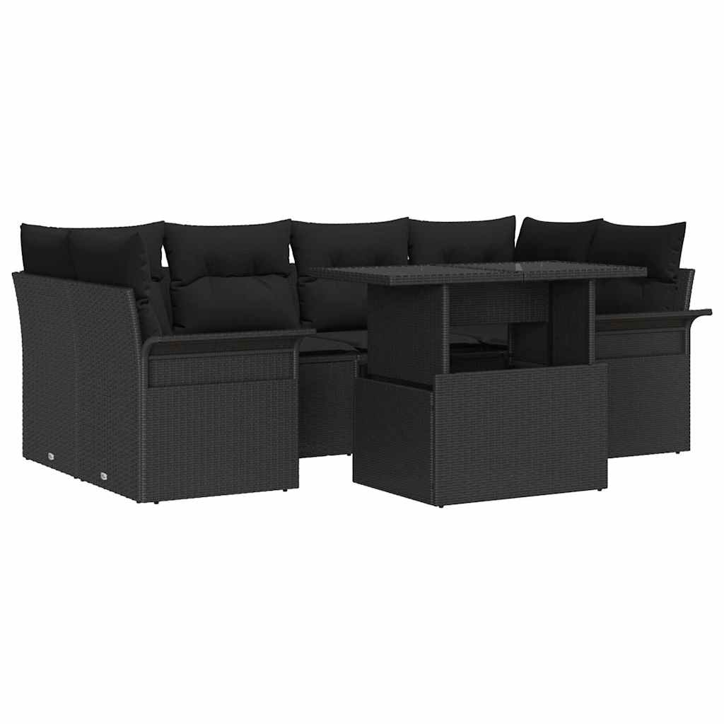 Garden Sofa Set with Cushion 7 pcs Black Poly Rattan