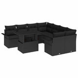 Garden Sofa Set with Cushion 9 pcs Black Poly Rattan - Front View