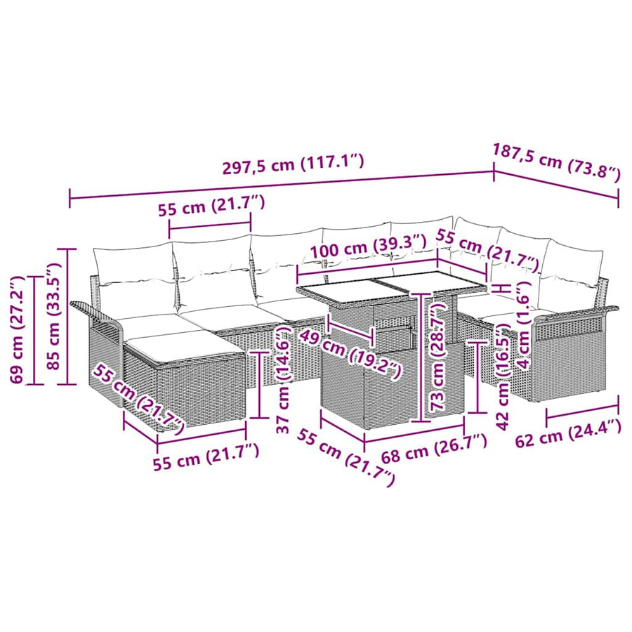 Garden Sofa Set 9 pcs Grey