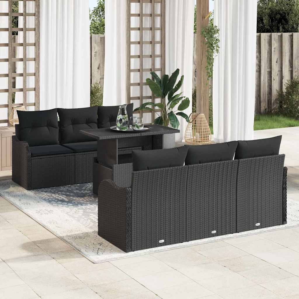 Garden Sofa Set with Cushion 7 pcs Black Poly Rattan