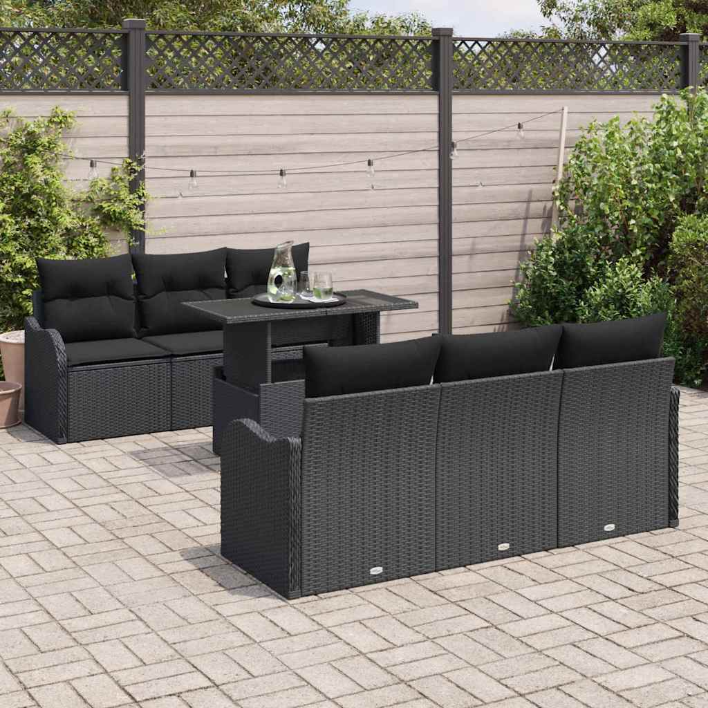 Garden Sofa Set with Cushion 7 pcs Black Poly Rattan