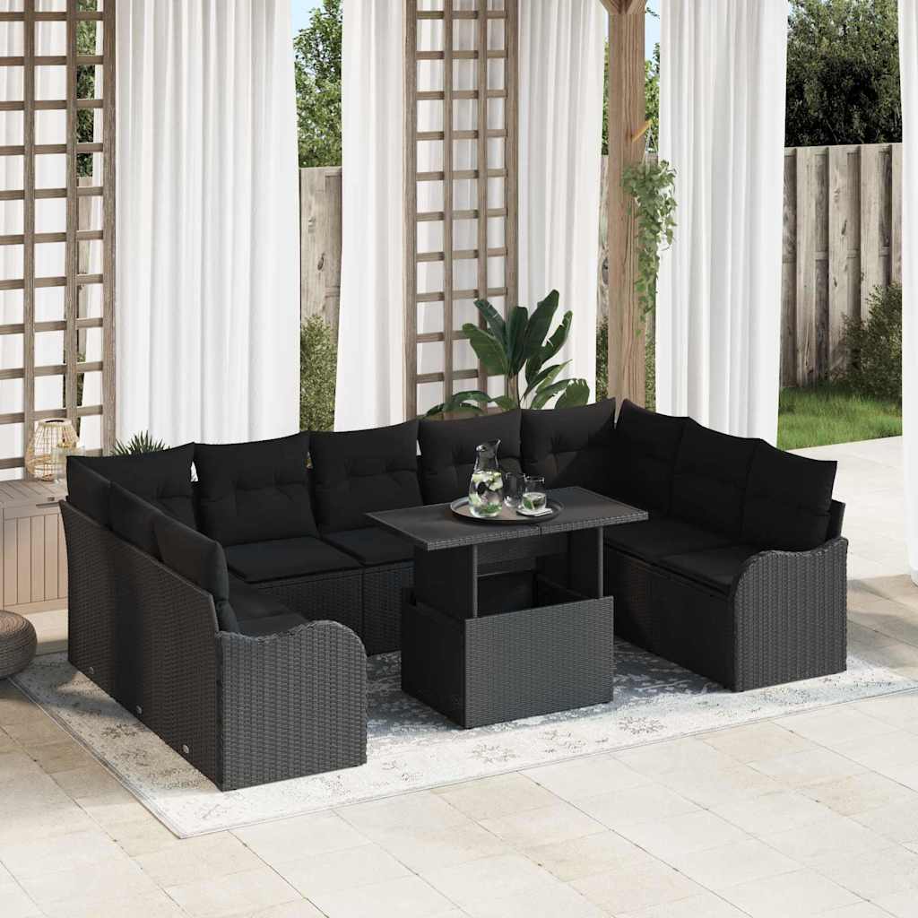 Garden Sofa Set with Cushion Manual 10 pcs Black Poly Rattan
