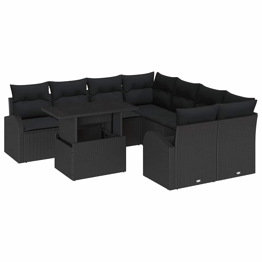 Garden Sofa Set with Cushion Manual 9 pcs Black Poly Rattan