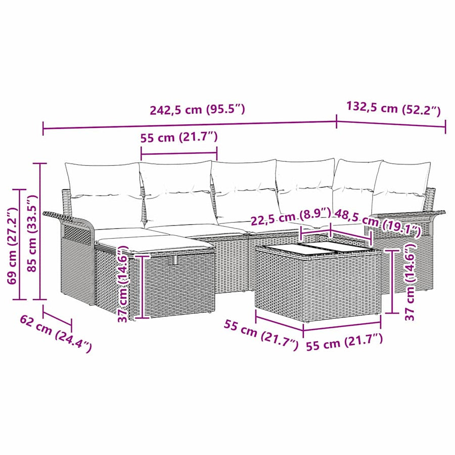 Garden Sofa Set 7 pcs Grey 55 x 55 x 37 cm Poly Rattan