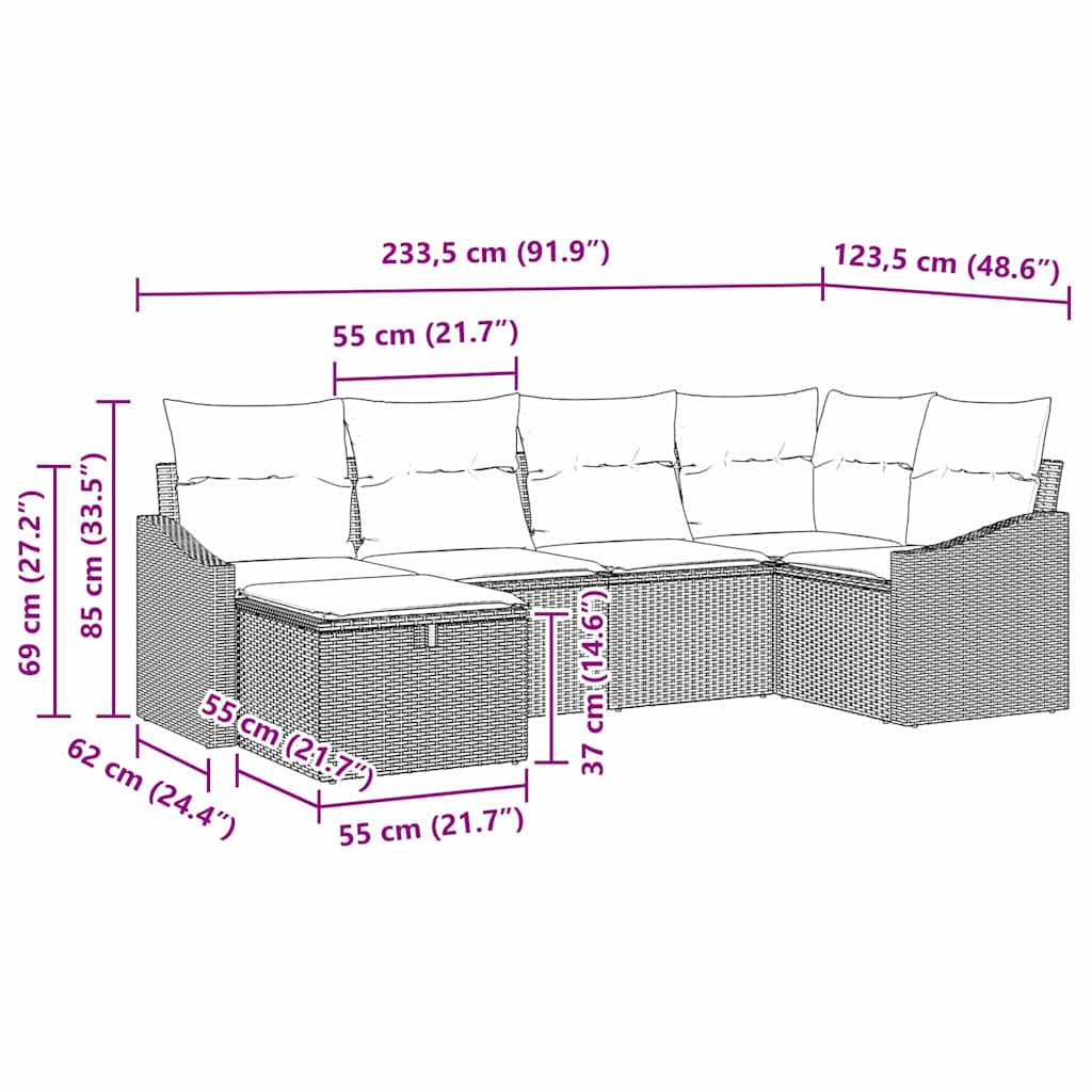 Garden Sofa Set 6 pcs Grey Poly Rattan and Powder-Coated Steel