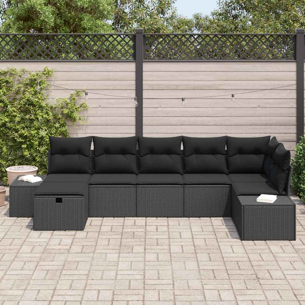 Garden Sofa Set with Cushion 7 pcs Black Poly Rattan