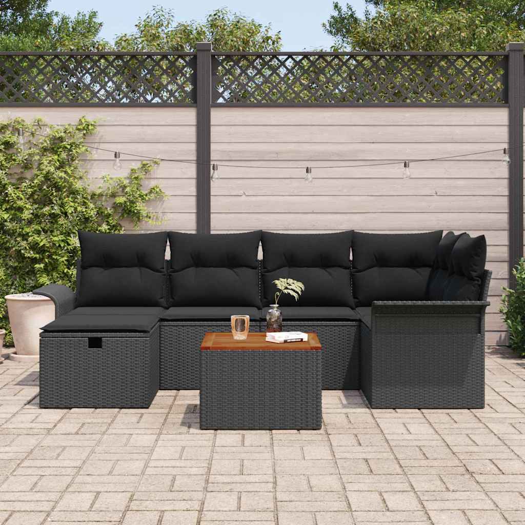 Garden Sofa Set with Cushion 7 pcs Black Poly Rattan