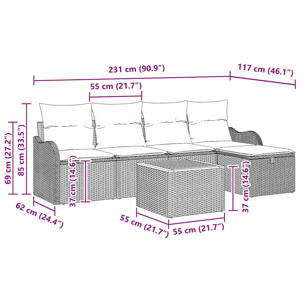 Garden Sofa Set with Cushion 6 pcs Black Poly Rattan