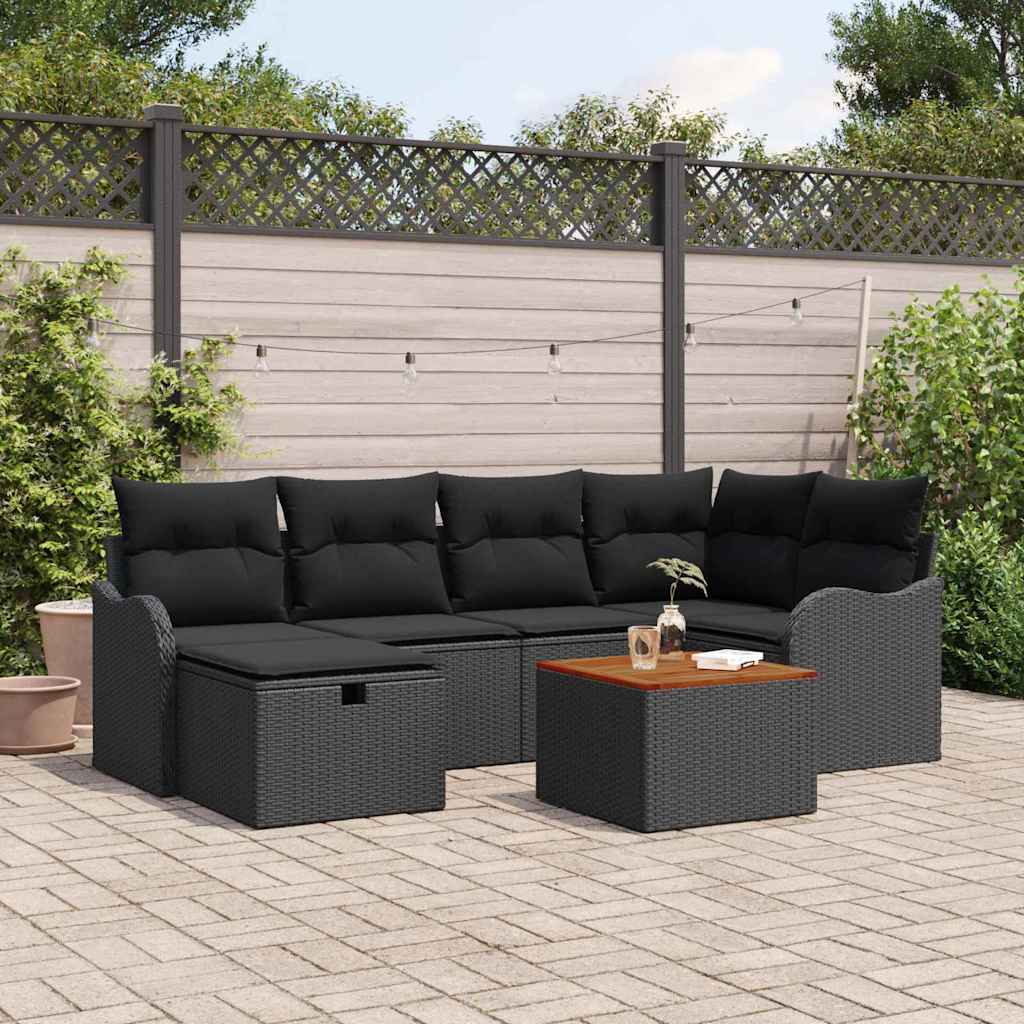 Garden Sofa Set with Cushion 7 pcs Black Poly Rattan
