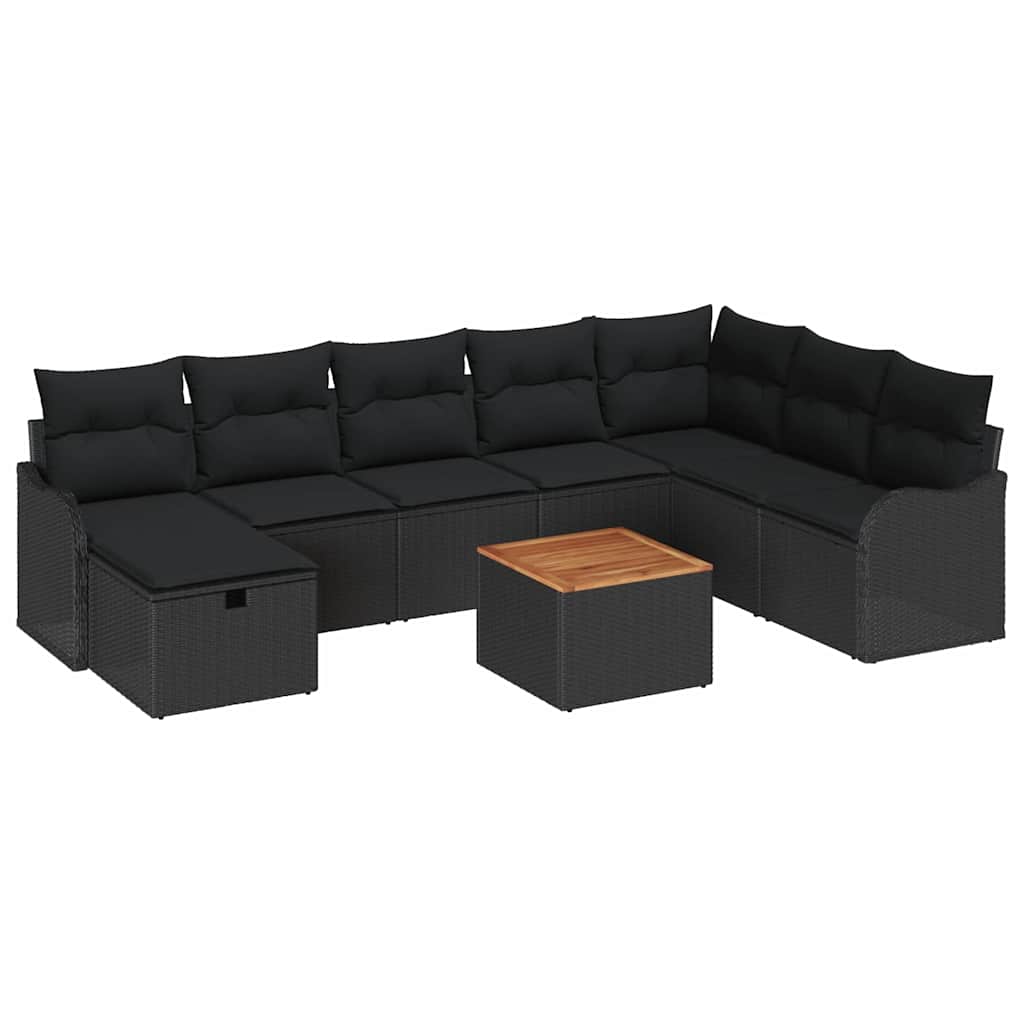 Garden Sofa Set with Cushion 9 pcs Black Poly Rattan