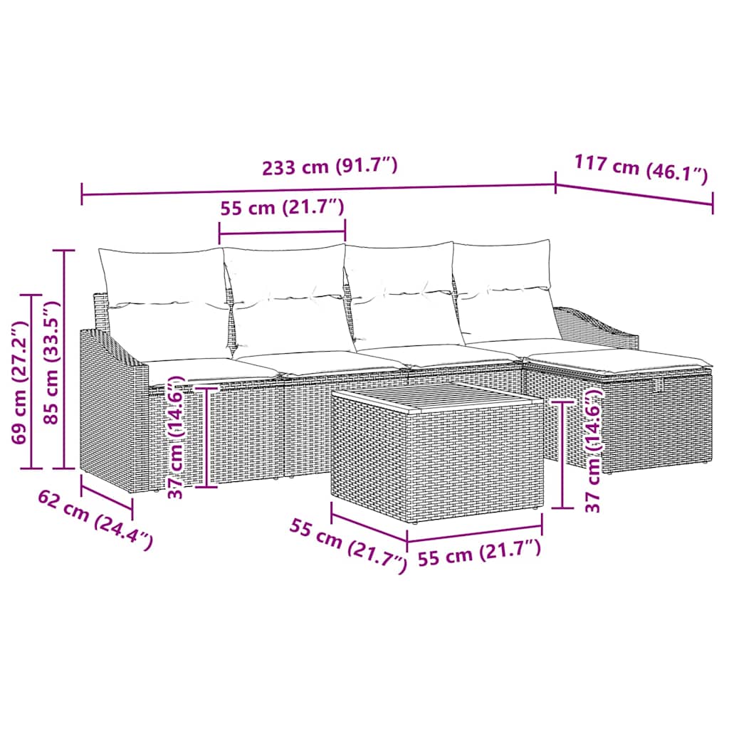 Garden Sofa Set with Cushion 6 pcs Grey Poly Rattan
