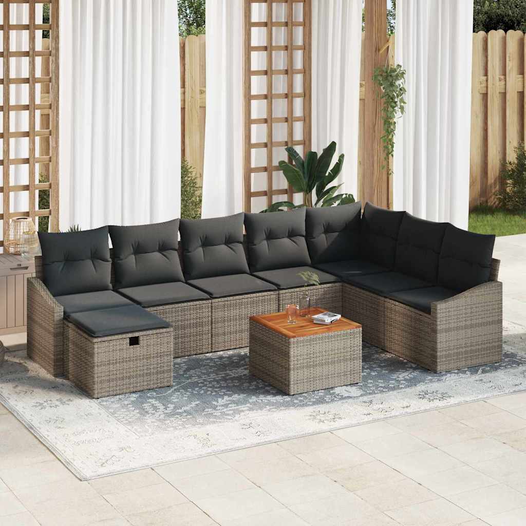 Garden Sofa Set with Cushion 9 pcs Grey Poly Rattan