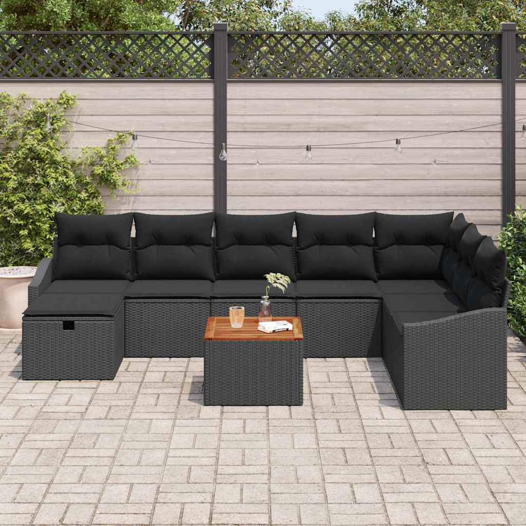 Garden Sofa Set with Cushion 9 pcs Black Poly Rattan