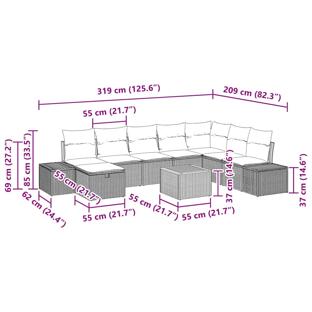 Garden Sofa Set with Cushion 9 pcs Black Poly Rattan