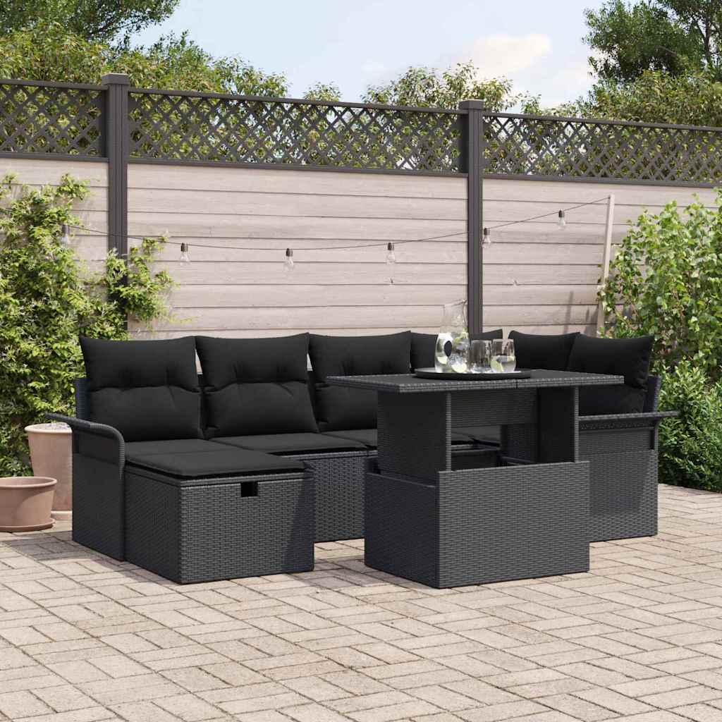 Garden Sofa Set with Cushion 7 pcs Black Poly Rattan