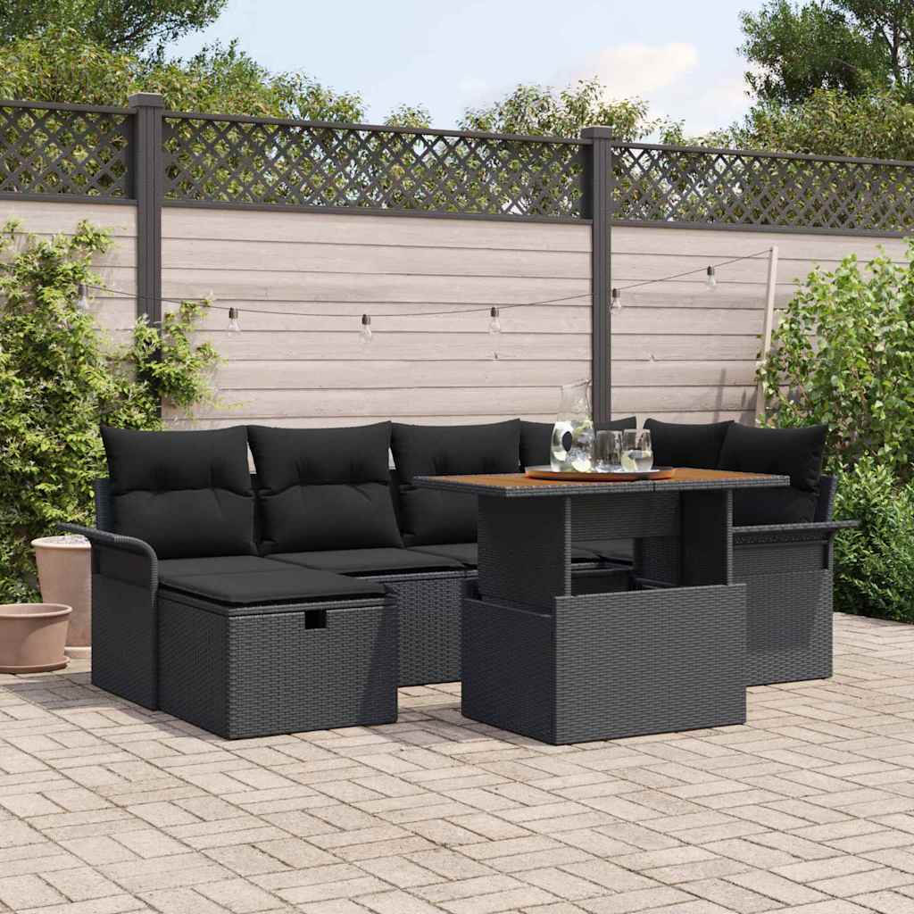 Garden Sofa Set with Cushion 7 pcs Black Poly Rattan