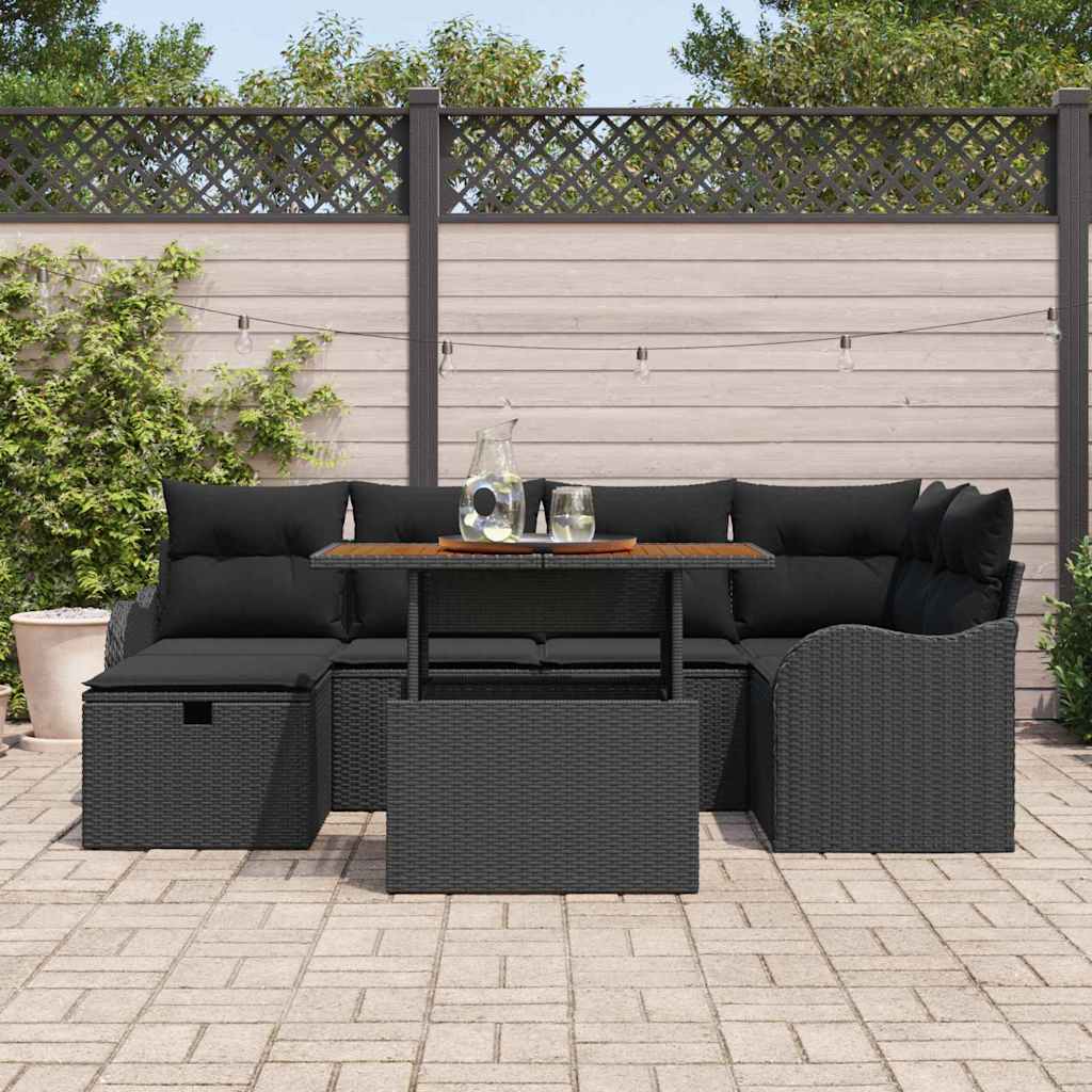 Garden Sofa Set with Cushion 7 pcs Black Poly Rattan
