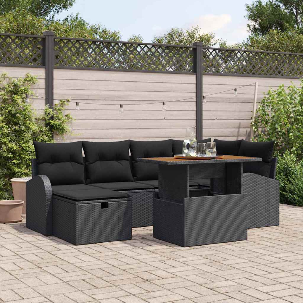 Garden Sofa Set with Cushion 7 pcs Black Poly Rattan
