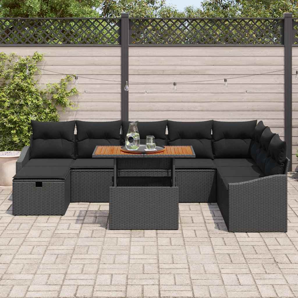 Garden Sofa Set with Cushion 9 pcs Black Poly Rattan