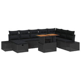 Garden Sofa Set with Cushion 9 pcs Black Poly Rattan - Front View