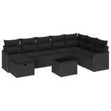 Garden Sofa Set with Cushion 9 pcs Black Poly rattan - Front View