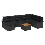 Garden Sofa Set with Cushion 9 pcs Black Poly rattan - Front View