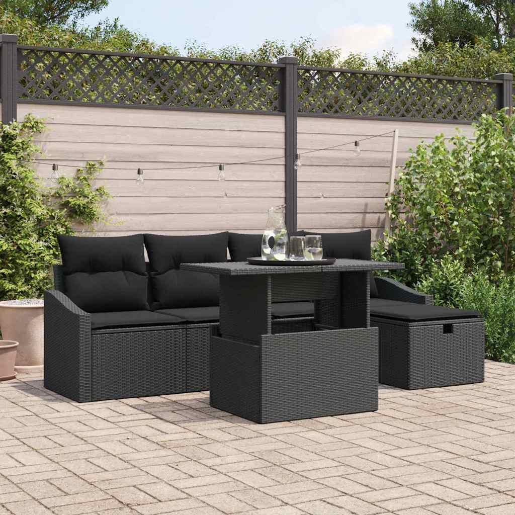Garden Sofa Set with Cushion 6 pcs Black Poly Rattan