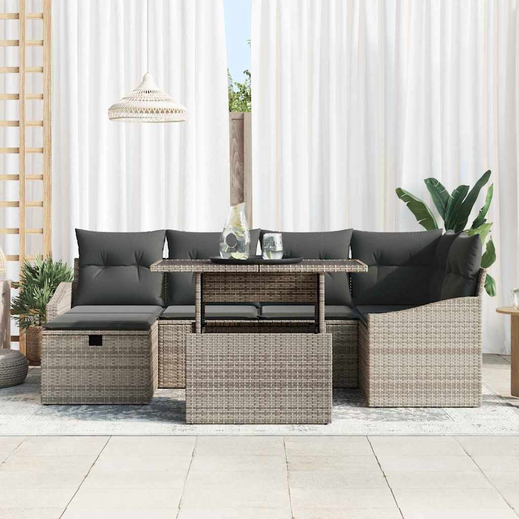 Garden Sofa Set with Cushion 7 pcs Grey Poly Rattan