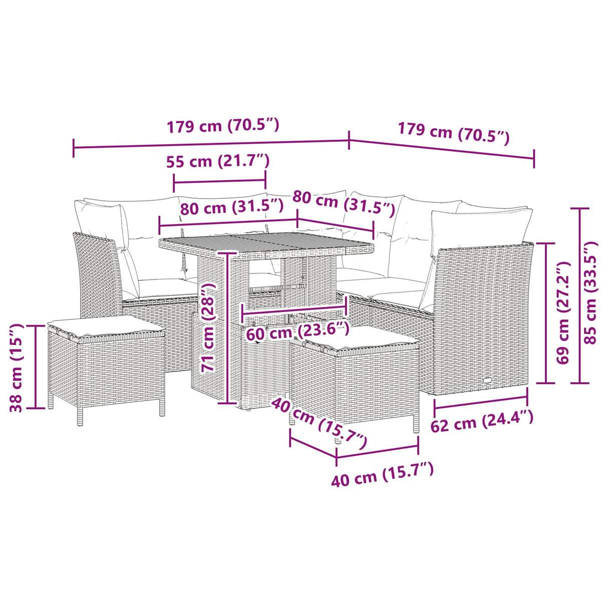 Garden Sofa Set Height-Adjustable 8 pcs Black Poly Rattan