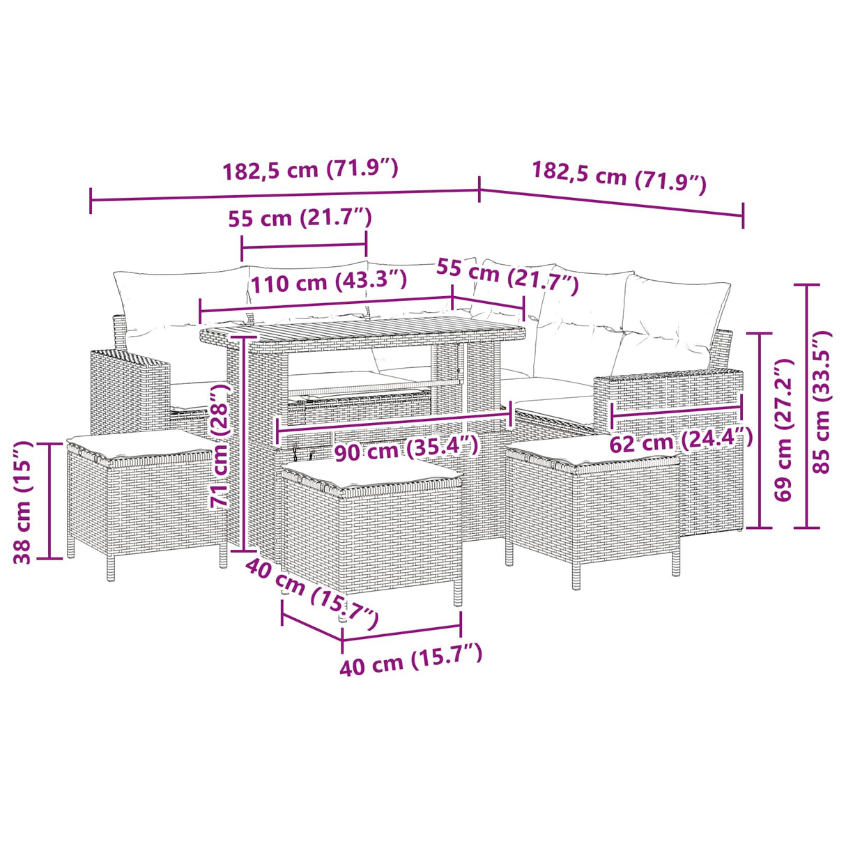 Garden Sofa Set Height-Adjustable 9 pcs Black Poly Rattan